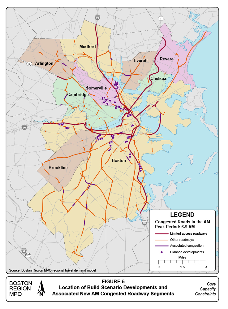 Figure 5 is a map of the Study Area showing roadways forecasted to experience congestion during the AM peak period in 2040. The locations of the 72 large-impact projects are shown, and the parts of the roadway network that will become congested as a result of these projects are also shown.